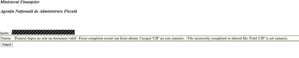 ANAF: Fișierul depus nu este un document valid. Câmpul 'CIF' nu este numeric. Mesaj generic și neclar. (Index redactat)