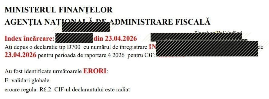 Recipisă ANAF: eroare R6.2 (CIF-ul declarantului este radiat).