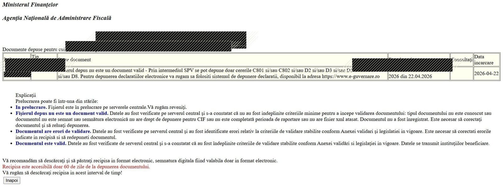SPV: Fișierul depus nu este un document valid. Trimitere către sistemul e-guvernare pentru depunerea declarațiilor.