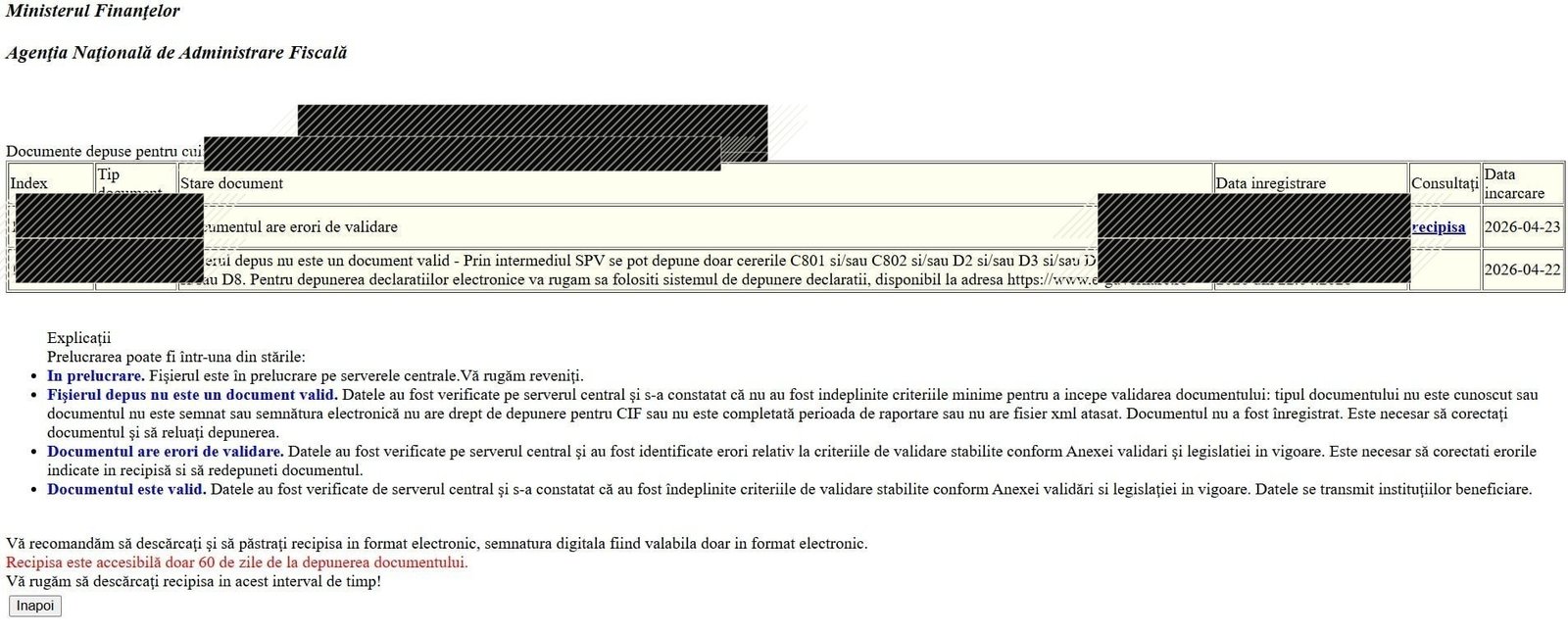 SPV: listă cu documente, statusuri, și link de recipisă într-un tabel.