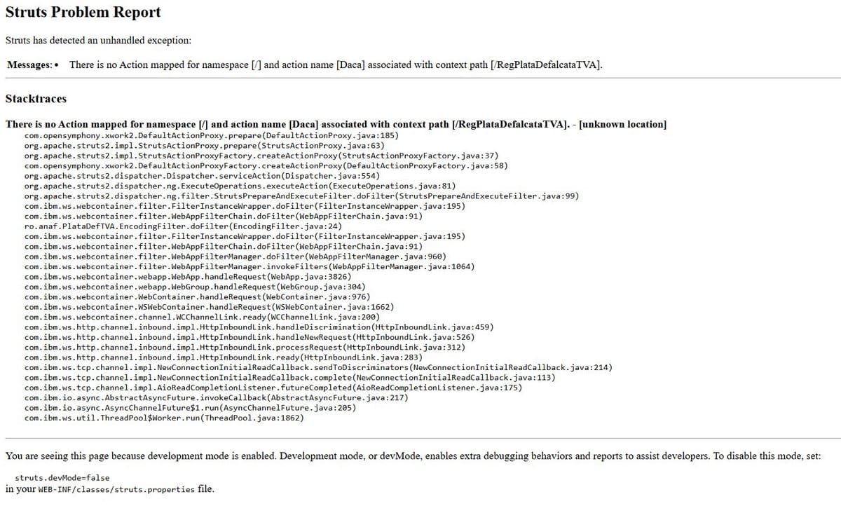 Captură pagină Struts Problem Report de pe anaf.ro, cu stack trace și mesaj development mode enabled.