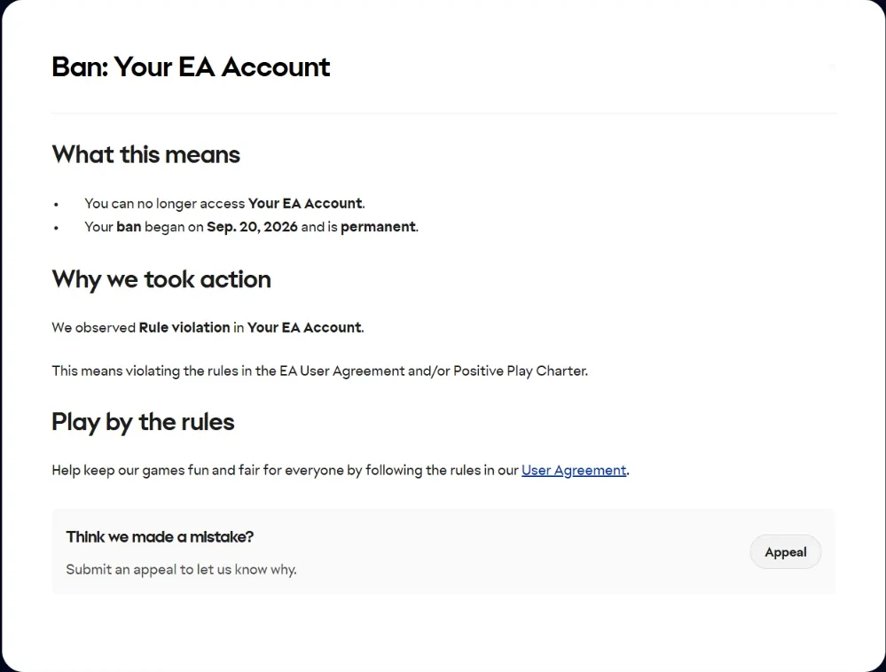 EA Penalty History permanent account ban screen, cropped to the sanction panel