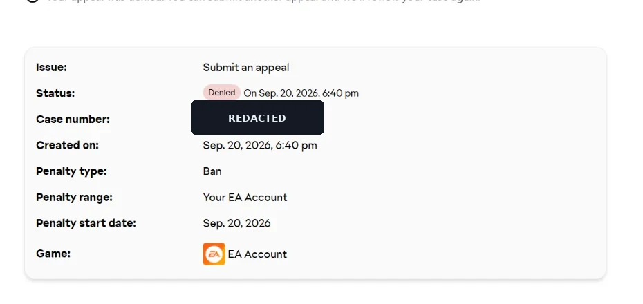 EA case showing first appeal denied and created at 18:40 (6:40 PM in EA interface)