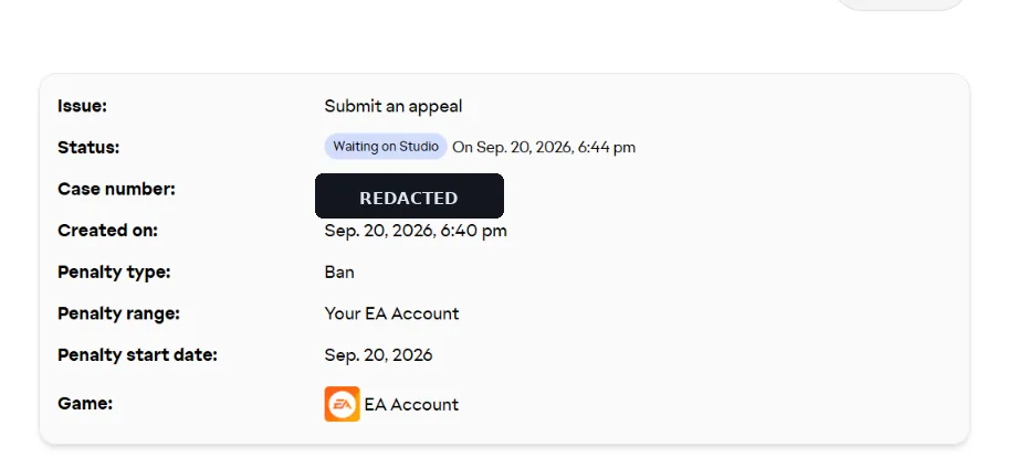 EA case showing Waiting on Studio status