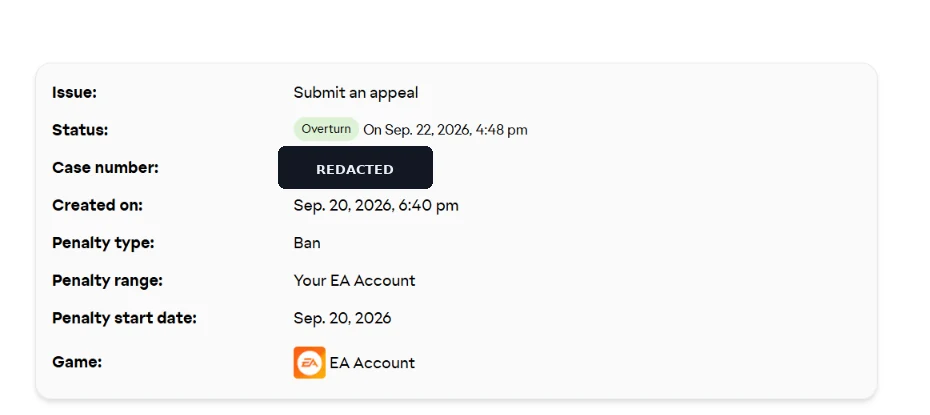 EA case showing Overturn status