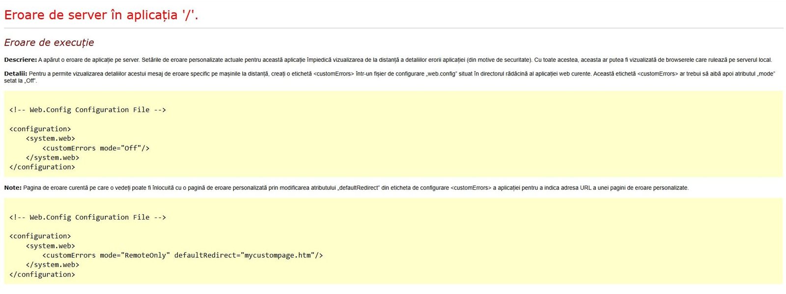 e-guvernare: Eroare de server în aplicația '/'. Afișează detalii despre customErrors în web.config.