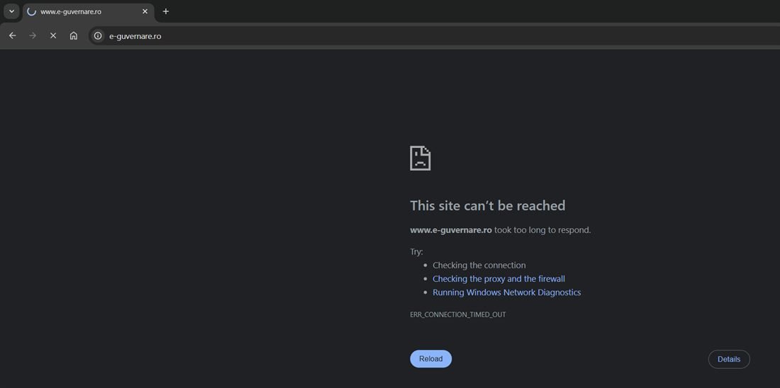 Chrome: www.e-guvernare.ro nu răspunde — ERR_CONNECTION_TIMED_OUT.